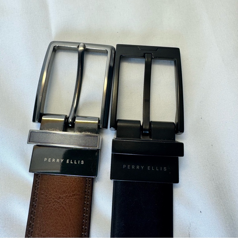 Two Perry Ellis Brown/Black Leather Reversible Belts - Black/Gunmetal 30/32 - Picture 8 of 13